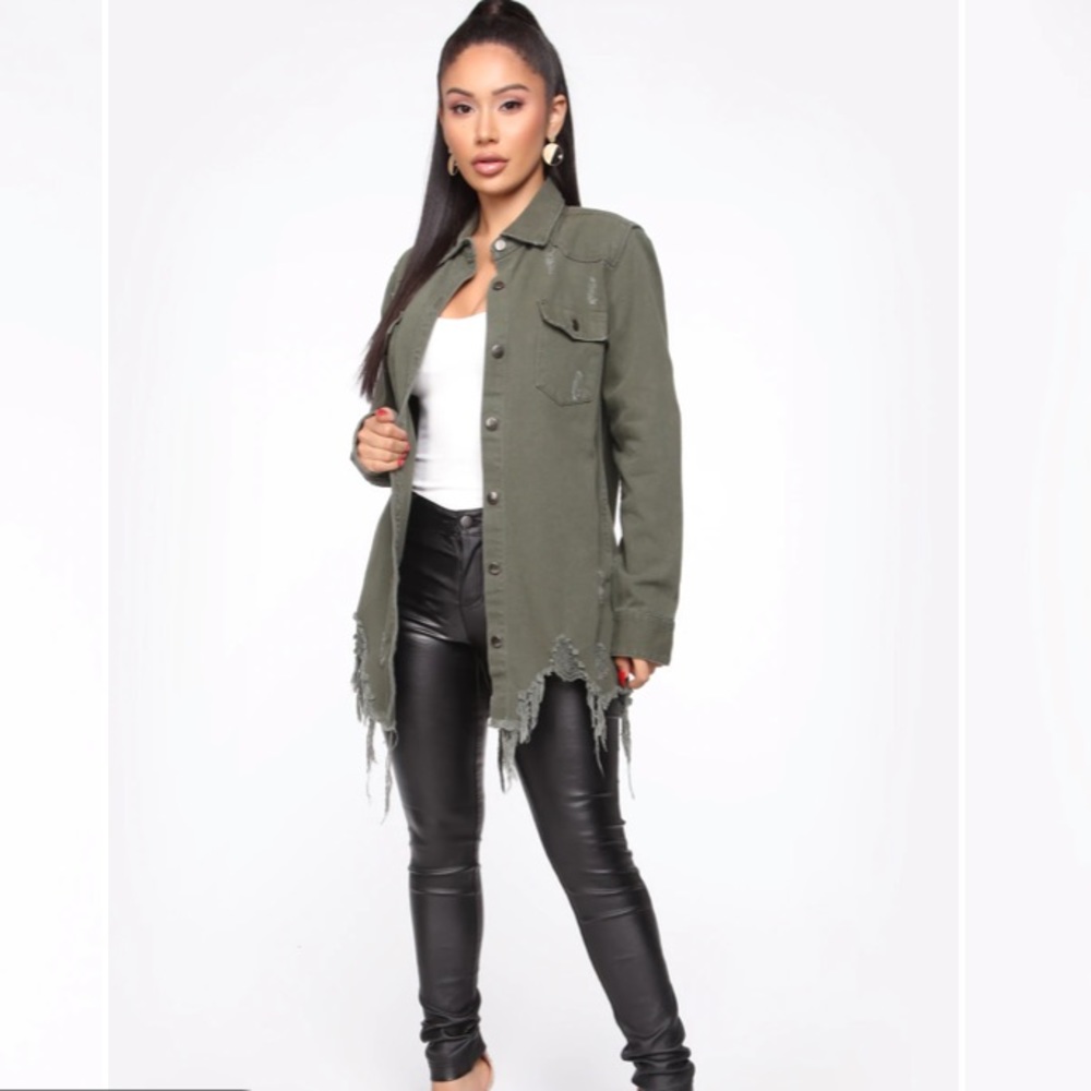 Olive frayed distressed denim jacket